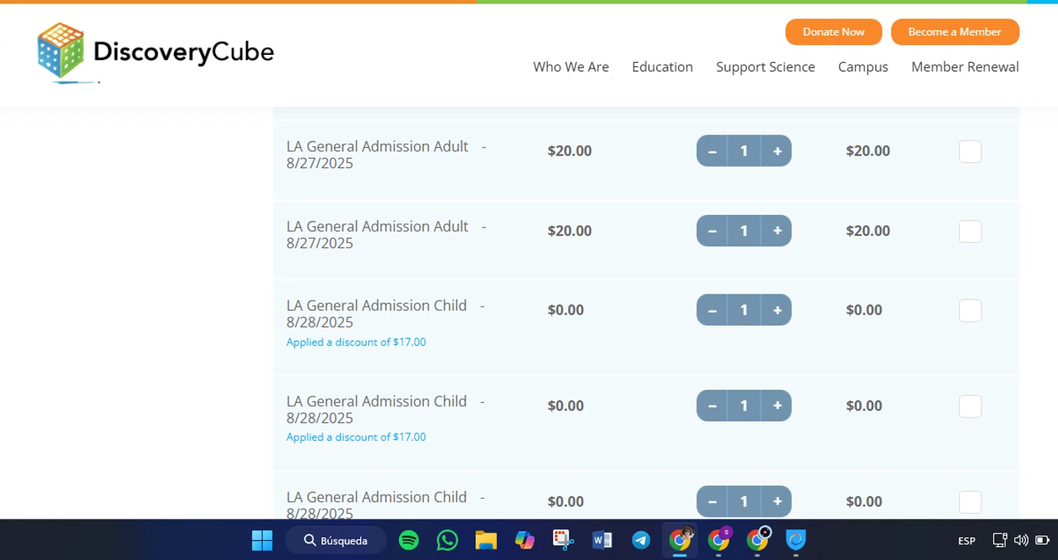 Discovery Science Center checkout page showing Discovery Science Center coupon code box | Screenshot taken by SimplyCodes community member on Aug 14, 2025