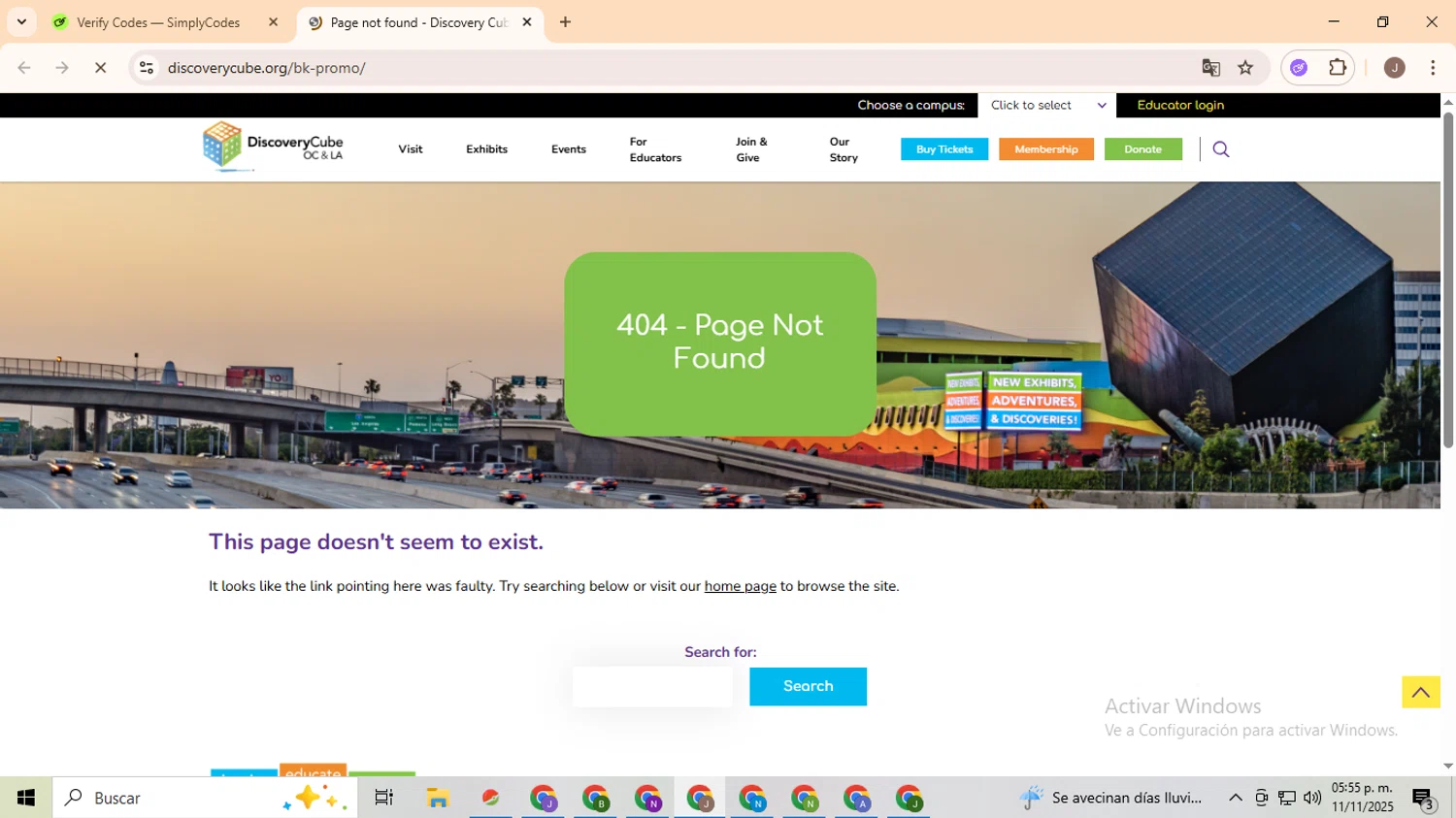 Discovery Science Center coupon code screenshot showing code dcbkfall applied at Discovery Science Center checkout page. Uploaded by SimplyCodes community member ValiantHero2365 on Nov 11, 2025
