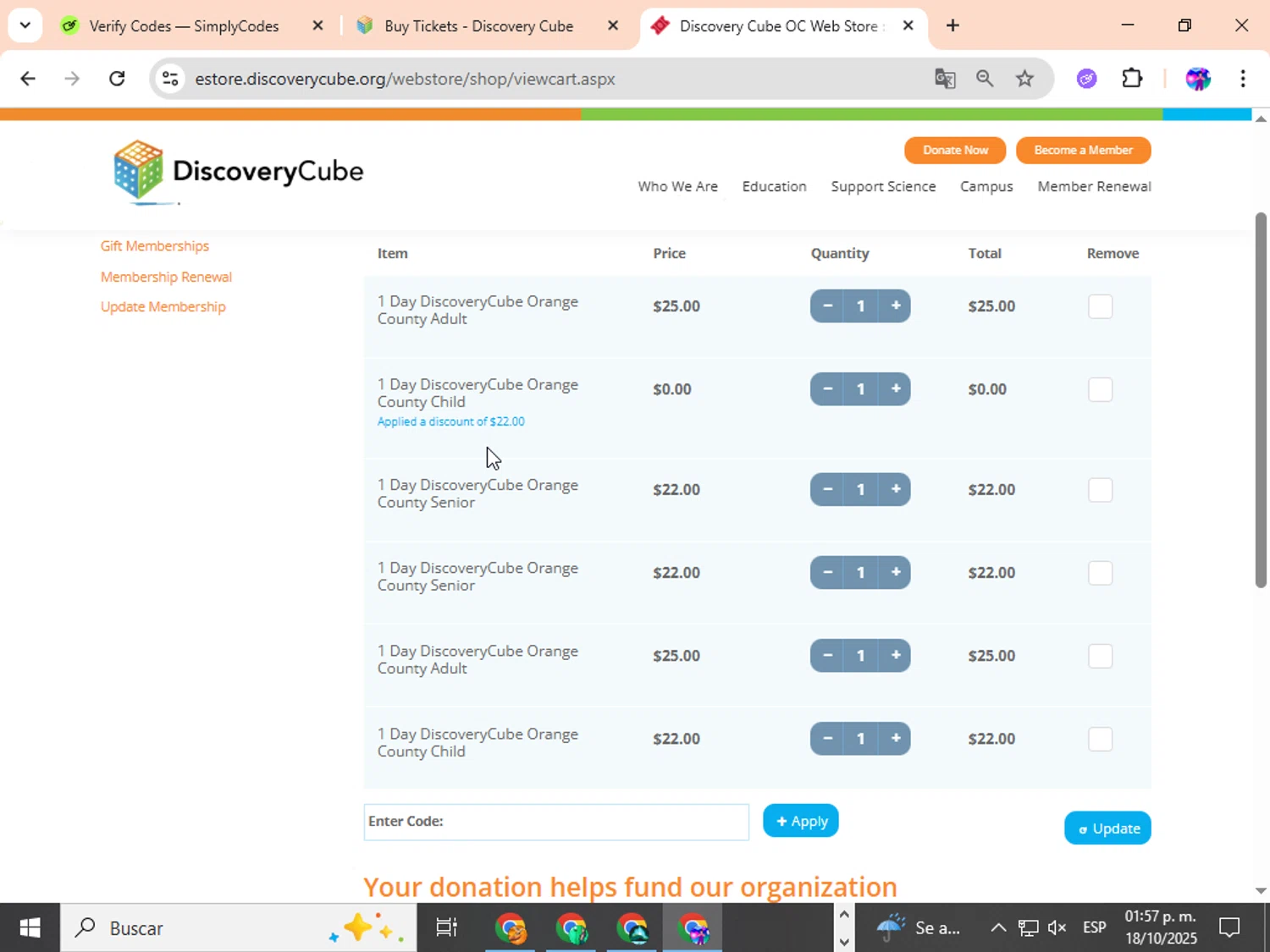 Discovery Science Center coupon code screenshot showing code dcbkfall applied at Discovery Science Center checkout page. Uploaded by SimplyCodes community member ingric on Oct 18, 2025