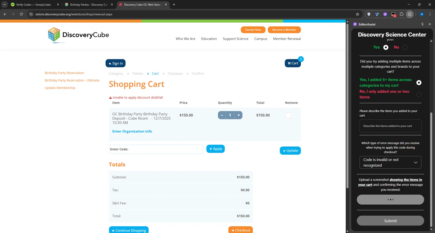 Discovery Science Center coupon code screenshot showing code dcbkfall applied at Discovery Science Center checkout page. Uploaded by SimplyCodes community member manuelchirinos2 on Nov 11, 2025