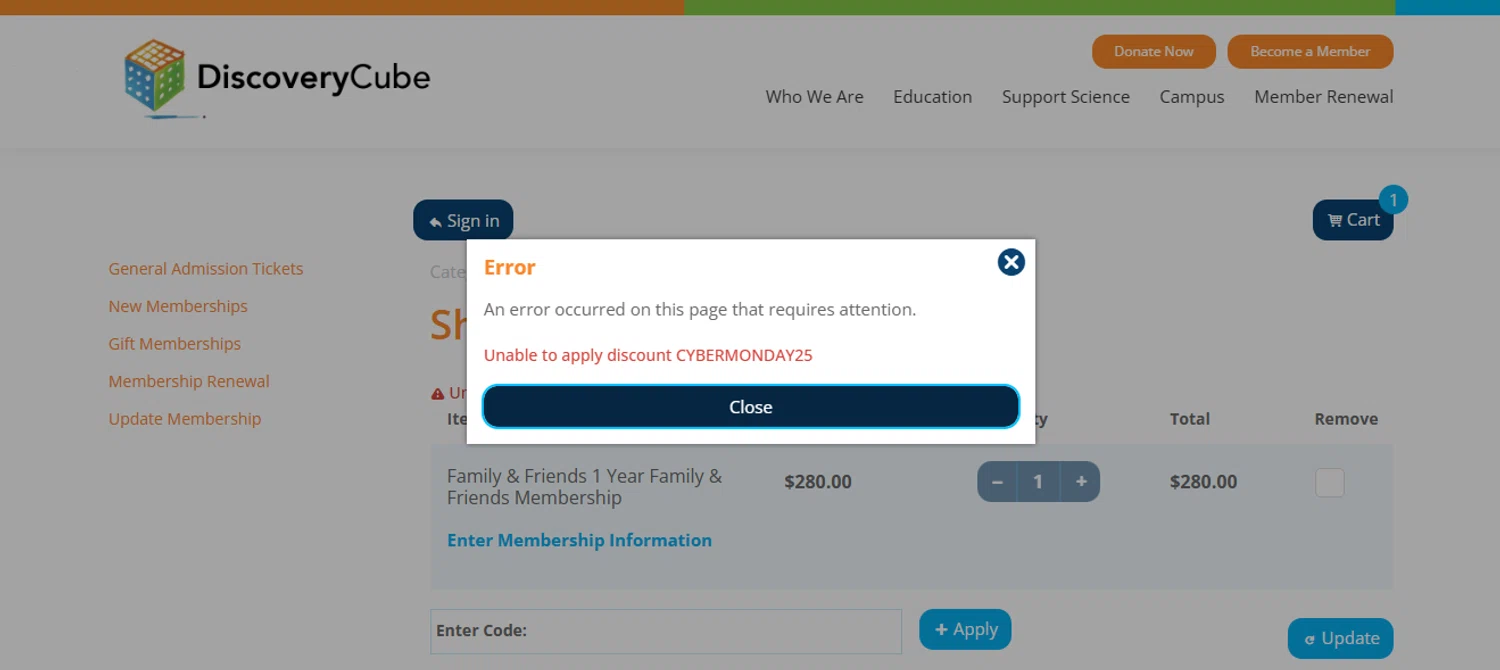 Discovery Science Center coupon code screenshot showing code CYBERMONDAY25 applied at Discovery Science Center checkout page. Uploaded by SimplyCodes community member Nicoletorres on Dec 25, 2025