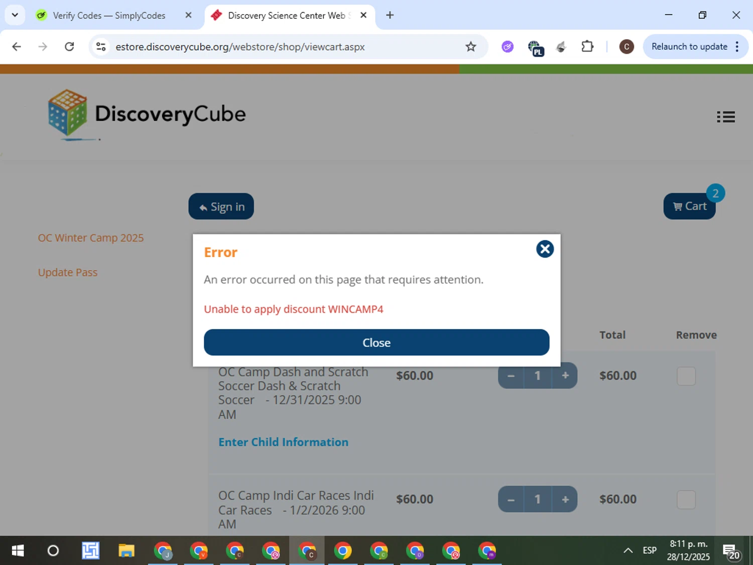Discovery Science Center coupon code screenshot showing code WINCAMP4 applied at Discovery Science Center checkout page. Uploaded by SimplyCodes community member VictorL on Dec 29, 2025