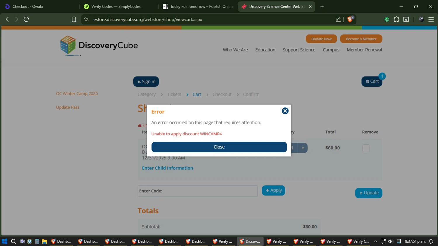 Discovery Science Center coupon code screenshot showing code WINCAMP4 applied at Discovery Science Center checkout page. Uploaded by SimplyCodes community member jhordano on Dec 29, 2025
