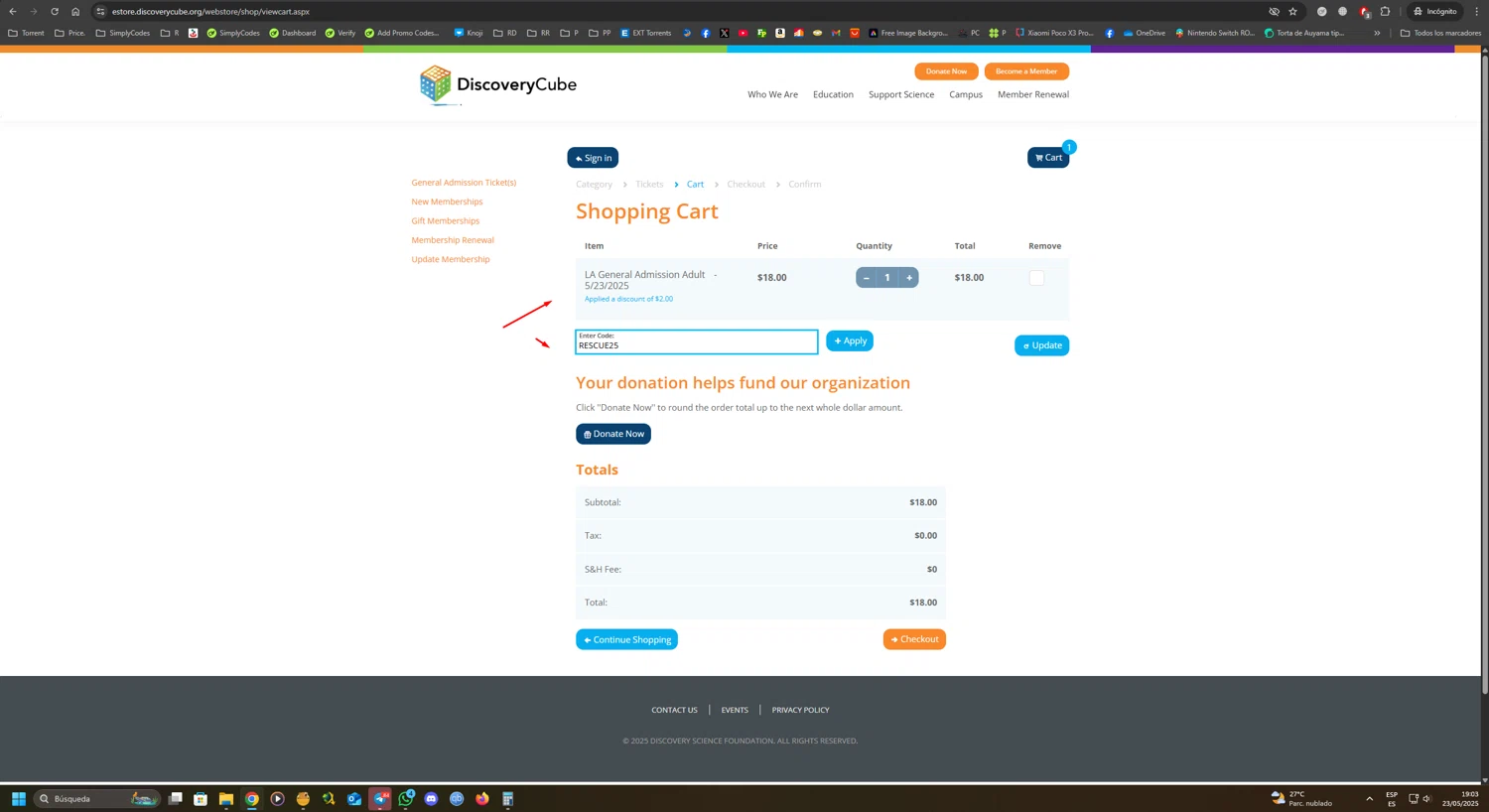 Discovery Science Center coupon code screenshot showing code RESCUE25 applied at Discovery Science Center checkout page. Uploaded by SimplyCodes community member UnkNownVnzla on May 23, 2025