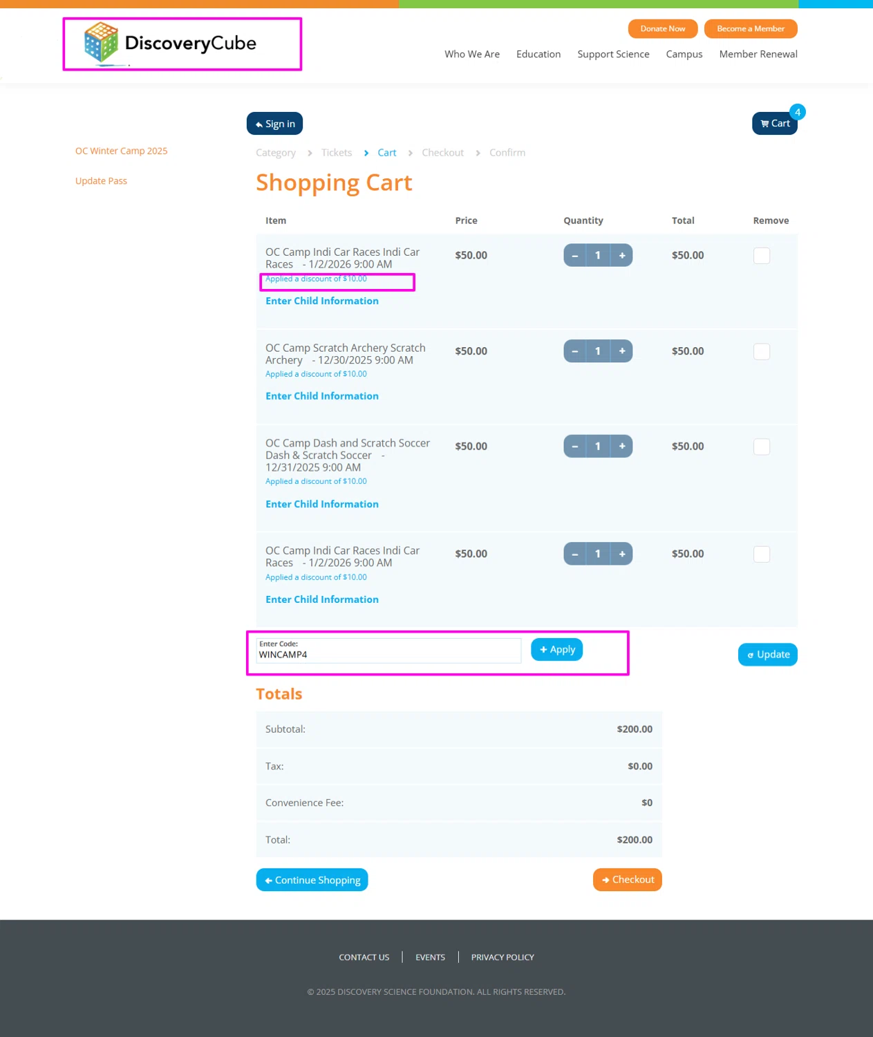 Discovery Science Center coupon code screenshot showing code WINCAMP4 applied at Discovery Science Center checkout page. Uploaded by SimplyCodes community member mrdarcy on Dec 20, 2025