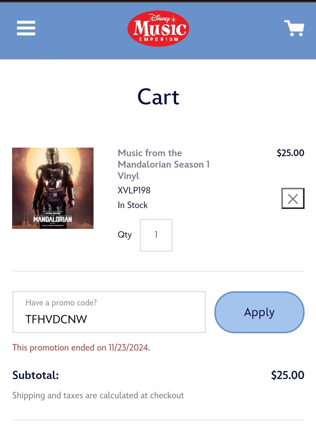 Disney Music Emporium promo code screenshot showing code TFHVDCNW applied at Disney Music Emporium checkout page. Uploaded by SimplyCodes community member ArgyArgy on Mar 16, 2025