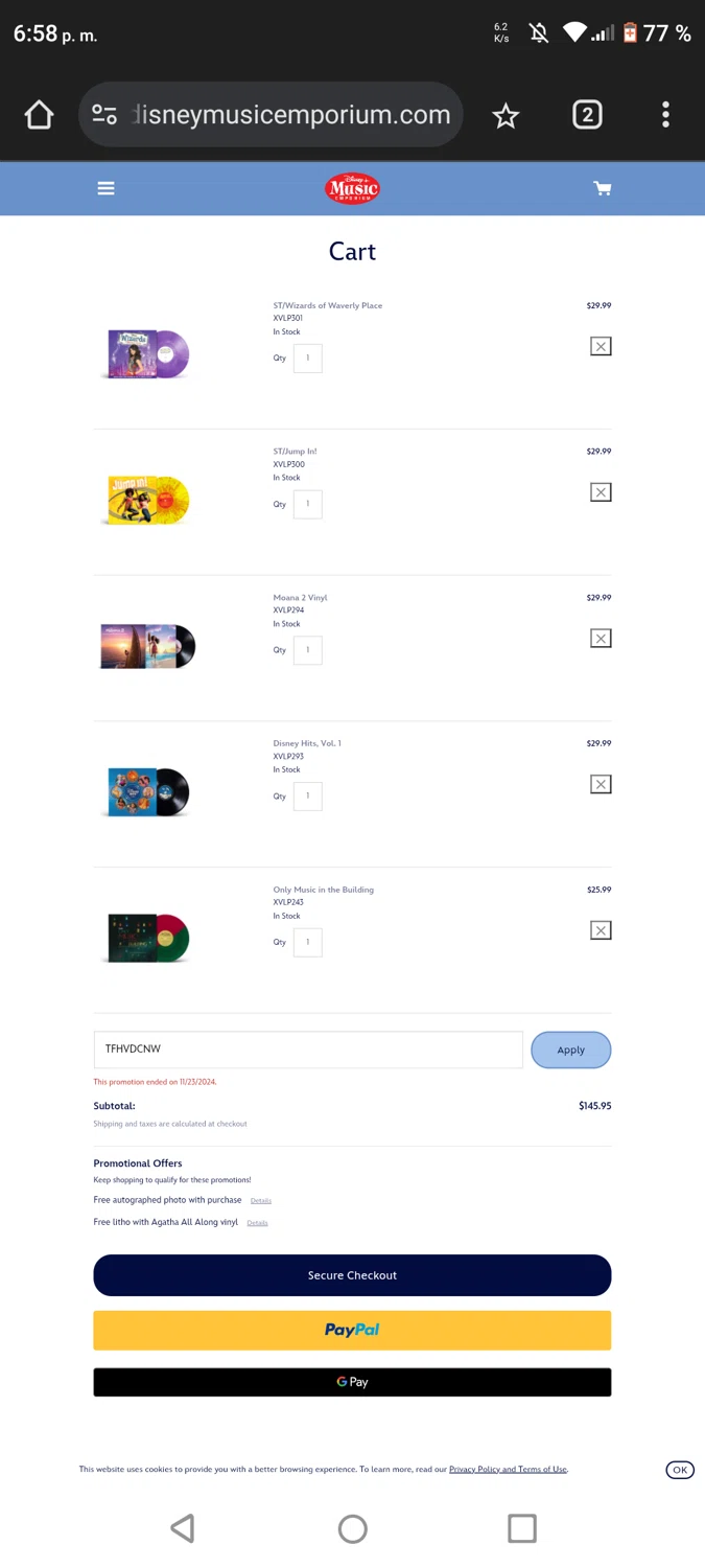 Disney Music Emporium promo code screenshot showing code TFHVDCNW applied at Disney Music Emporium checkout page. Uploaded by SimplyCodes community member CouponWhiz2217 on Mar 27, 2025