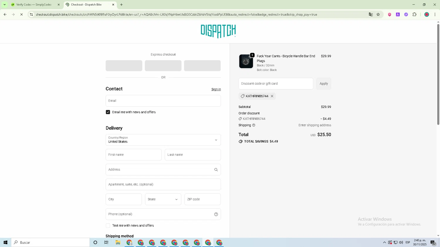 Dispatch Custom Cycling Components promo code screenshot showing code KATHRIN86744 applied at Dispatch Custom Cycling Components checkout page. Uploaded by SimplyCodes community member David_Garcia on Nov 30, 2025