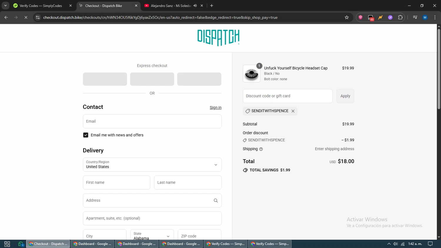 Dispatch Custom Cycling Components promo code screenshot showing code SENDITWITHSPENCE applied at Dispatch Custom Cycling Components checkout page. Uploaded by SimplyCodes community member EpicVoyager2820 on Sep 17, 2025