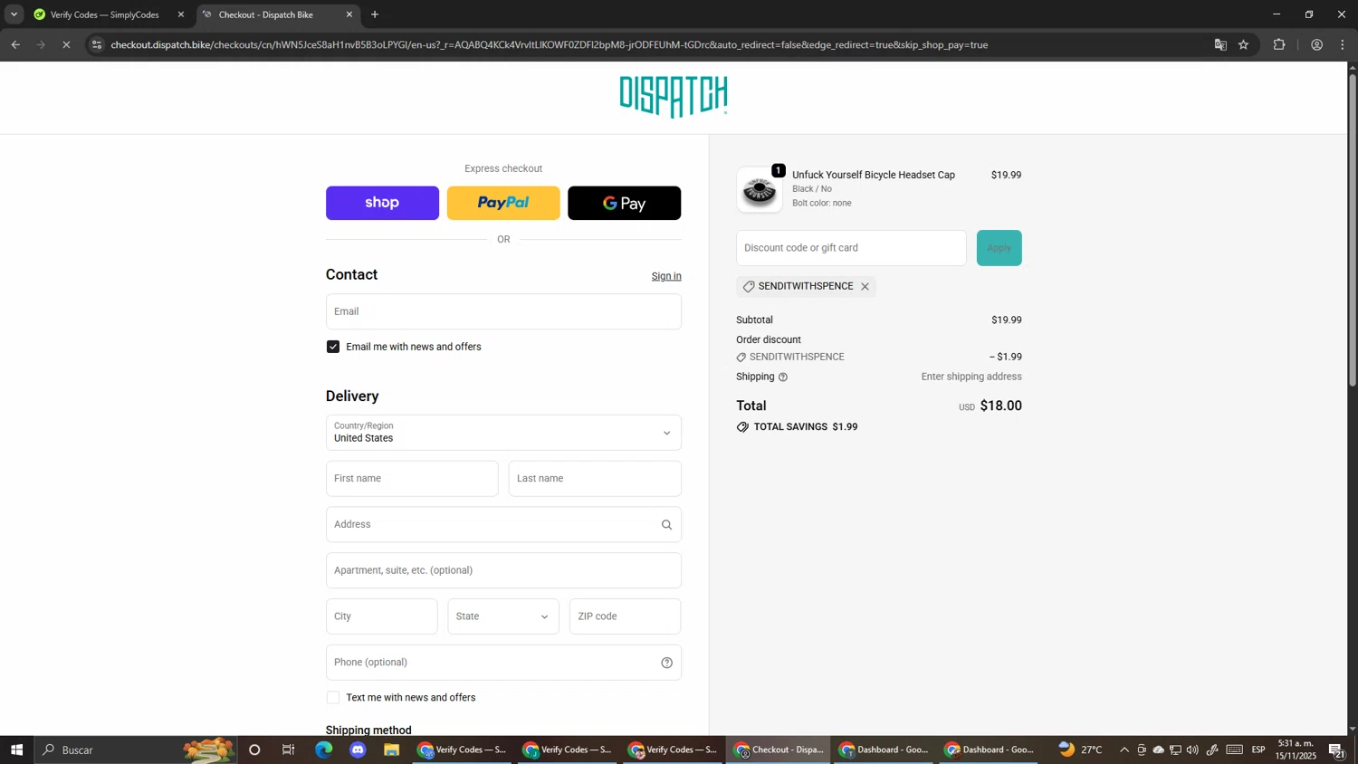 Dispatch Custom Cycling Components promo code screenshot showing code SENDITWITHSPENCE applied at Dispatch Custom Cycling Components checkout page. Uploaded by SimplyCodes community member Pirlo420 on Nov 15, 2025