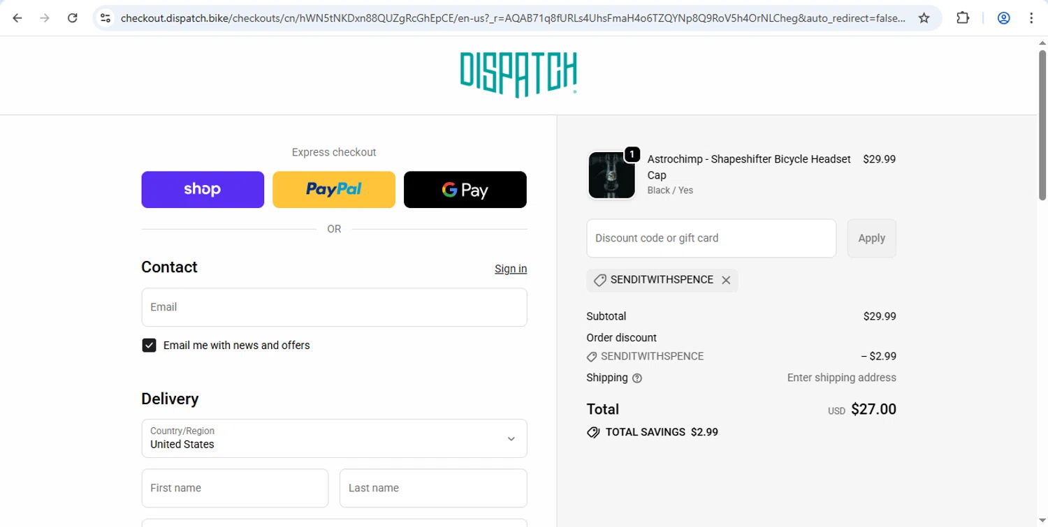Dispatch Custom Cycling Components promo code screenshot showing code SENDITWITHSPENCE applied at Dispatch Custom Cycling Components checkout page. Uploaded by SimplyCodes community member RayliMC on Nov 30, 2025