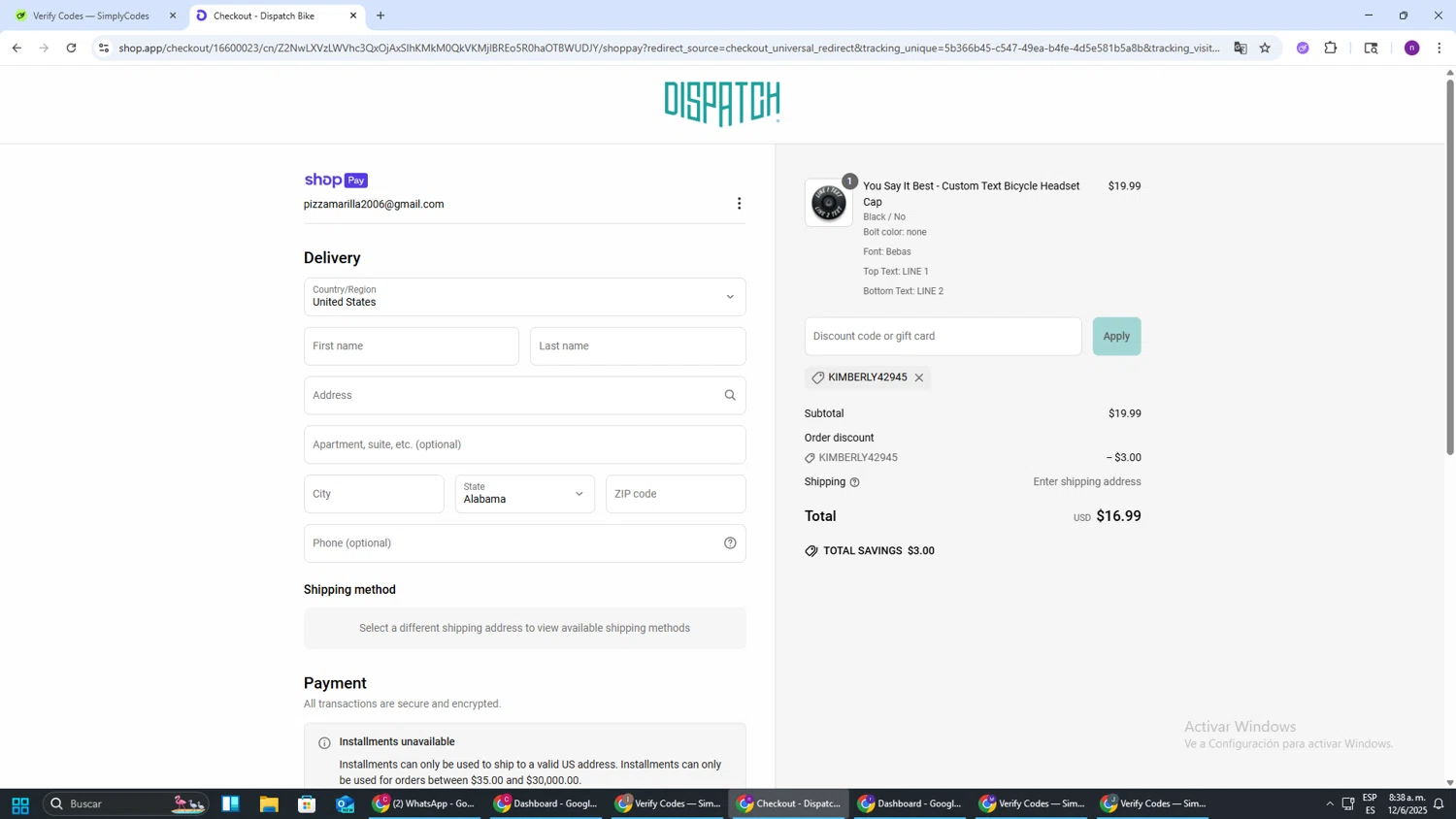 Dispatch Custom Cycling Components promo code screenshot showing code KIMBERLY42945 applied at Dispatch Custom Cycling Components checkout page. Uploaded by SimplyCodes community member AVAMUSTANG on Jun 12, 2025