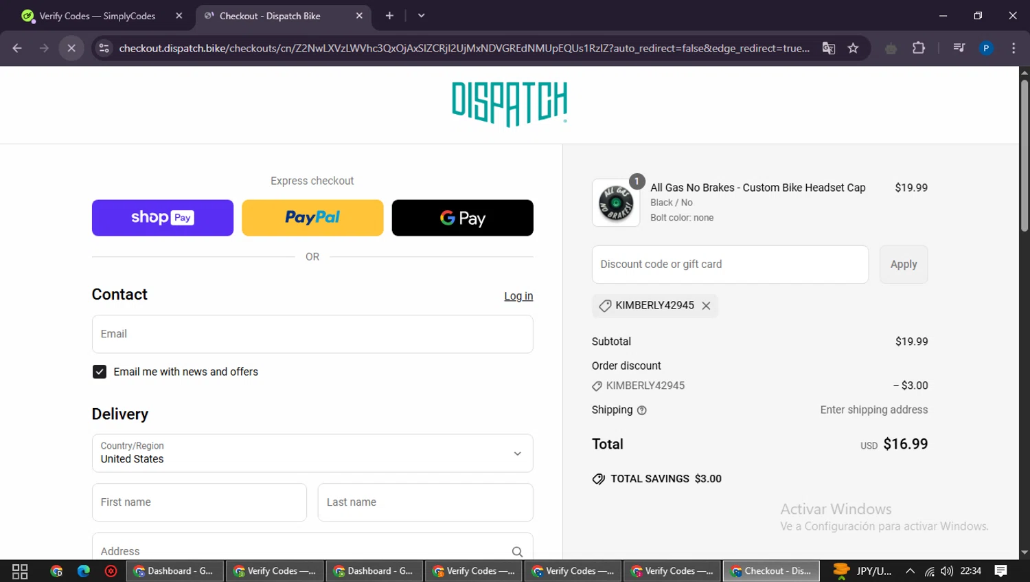 Dispatch Custom Cycling Components promo code screenshot showing code KIMBERLY42945 applied at Dispatch Custom Cycling Components checkout page. Uploaded by SimplyCodes community member QuestExpert3096 on May 16, 2025