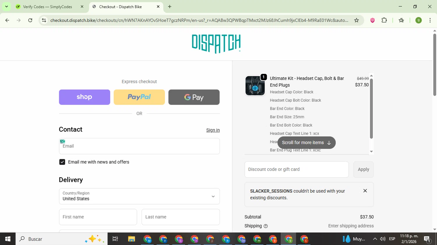 Dispatch Custom Cycling Components checkout page showing Dispatch Custom Cycling Components promo code box | Screenshot taken by SimplyCodes community member on Jan 3, 2026