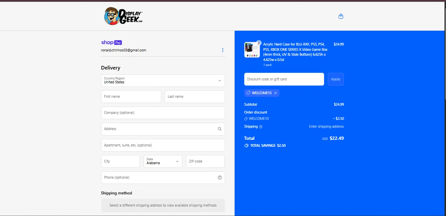 Display Geek discount code screenshot showing code WELCOME10 applied at Display Geek checkout page. Uploaded by SimplyCodes community member CodeExpert7814 on Jul 2, 2025