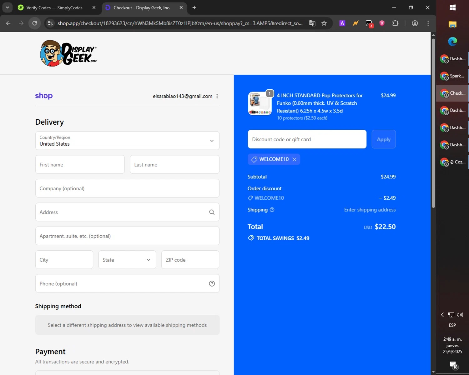 Display Geek discount code screenshot showing code WELCOME10 applied at Display Geek checkout page. Uploaded by SimplyCodes community member PromoScout8746 on Sep 25, 2025