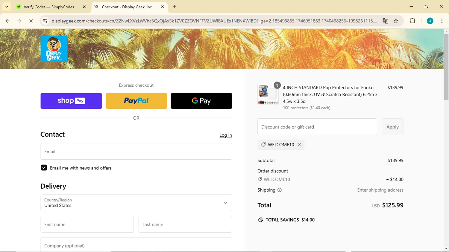 Display Geek discount code screenshot showing code WELCOME10 applied at Display Geek checkout page. Uploaded by SimplyCodes community member GoldDefender3268 on Feb 25, 2025