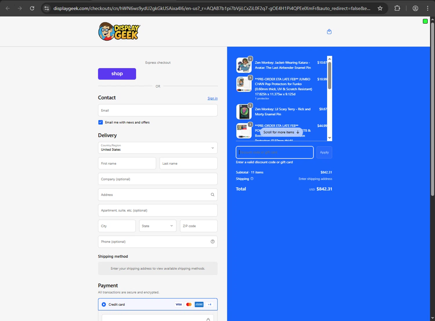 Display Geek discount code screenshot showing code TOYGAMI10 applied at Display Geek checkout page. Uploaded by SimplyCodes community member RayliMC on Dec 28, 2025
