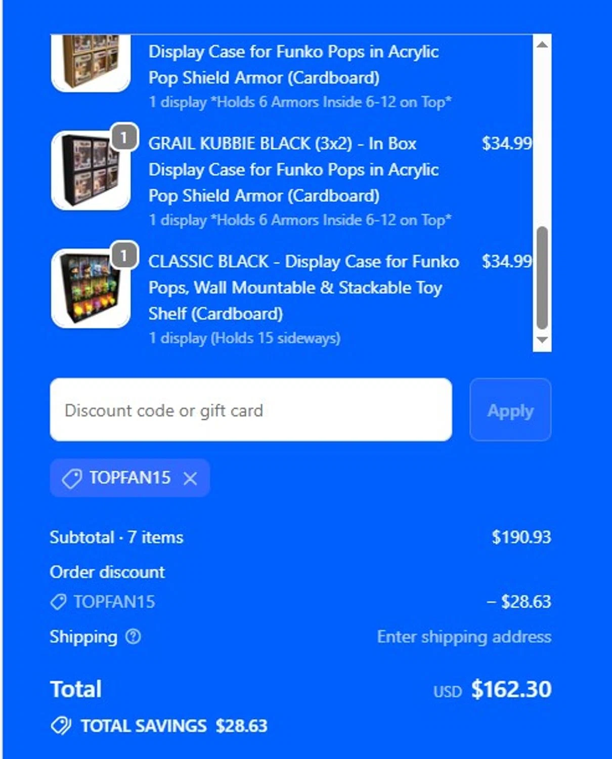 Display Geek discount code screenshot showing code topfan15 applied at Display Geek checkout page. Uploaded by SimplyCodes community member PromoPhoenix1566 on Nov 24, 2025