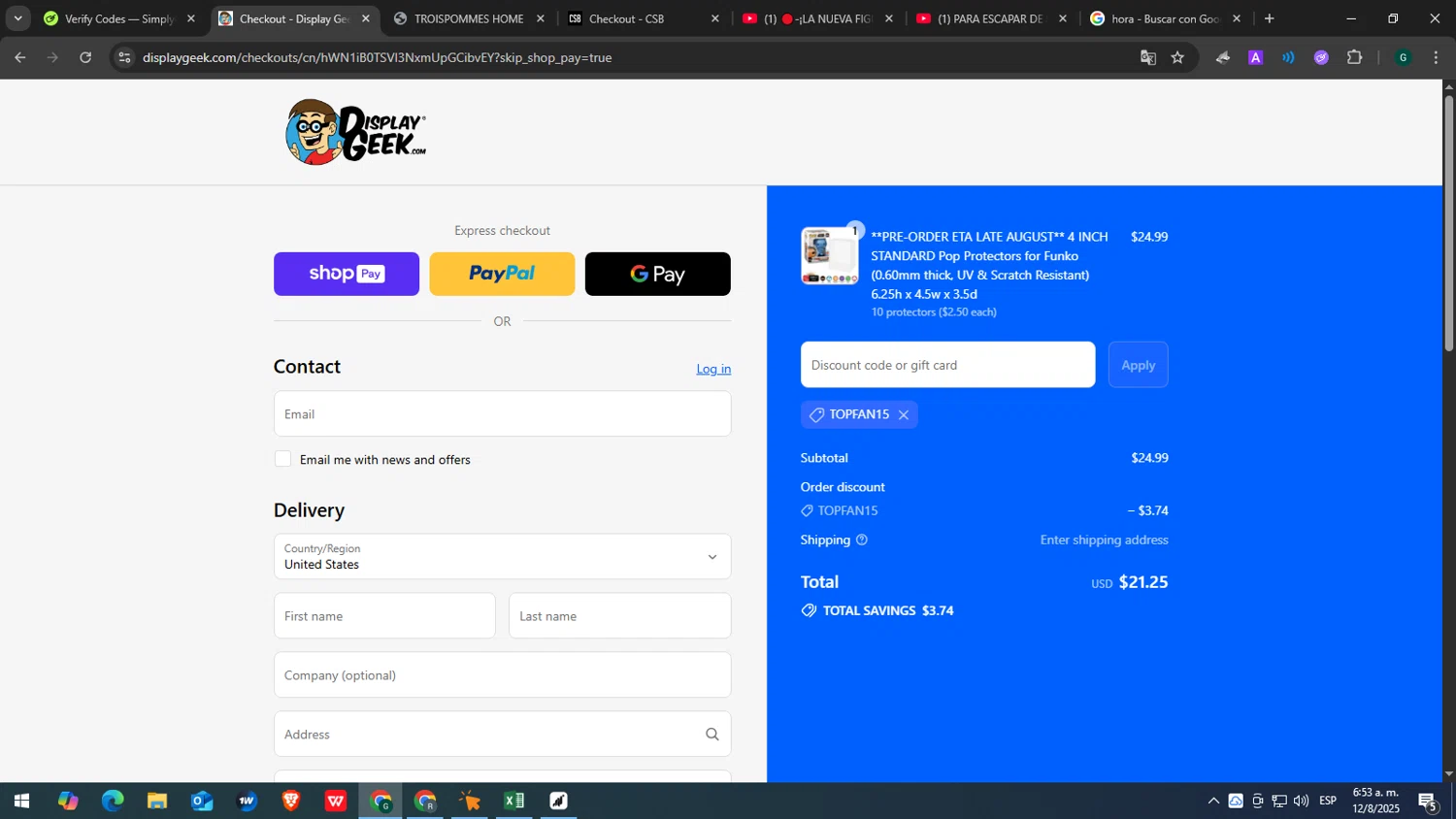 Display Geek discount code screenshot showing code topfan15 applied at Display Geek checkout page. Uploaded by SimplyCodes community member yasabesssss on Aug 12, 2025