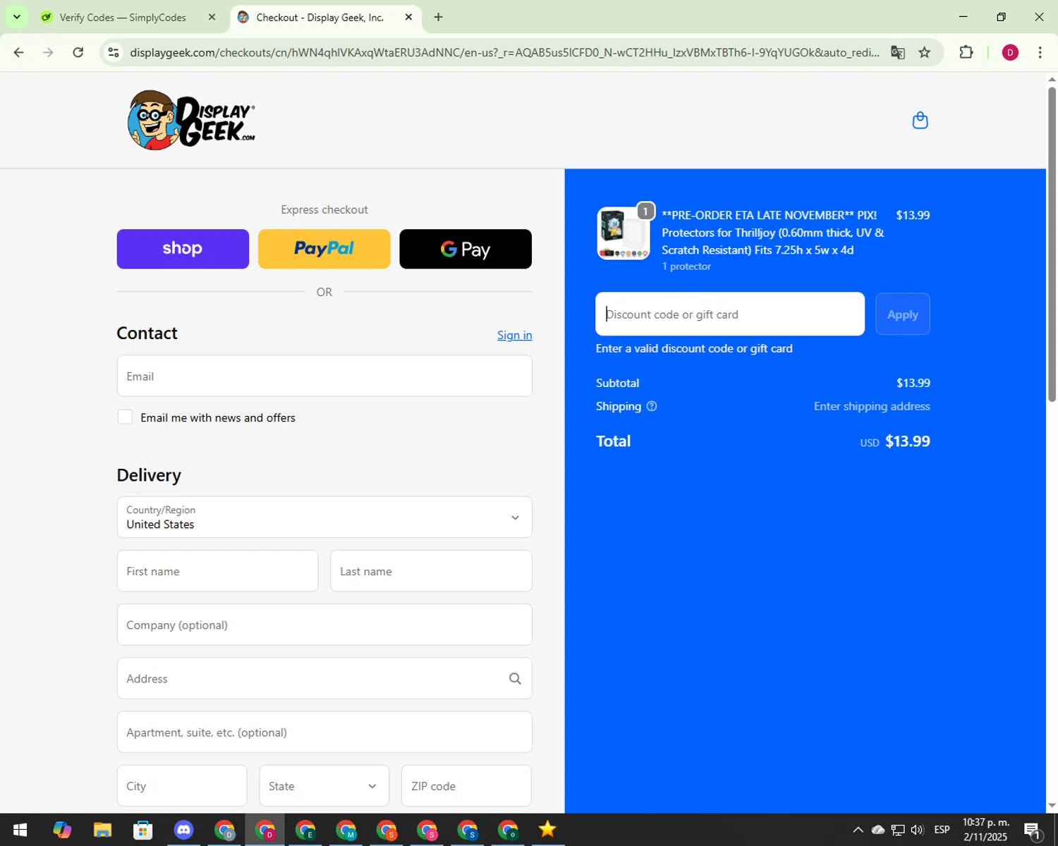 Display Geek discount code screenshot showing code CLEARANCE applied at Display Geek checkout page. Uploaded by SimplyCodes community member 000012 on Nov 3, 2025