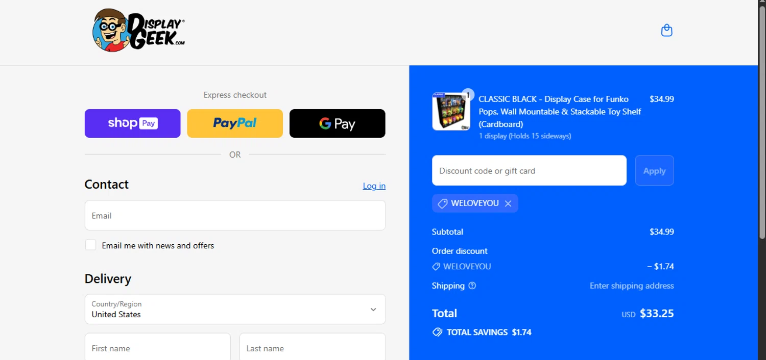 Display Geek discount code screenshot showing code WELOVEYOU applied at Display Geek checkout page. Uploaded by SimplyCodes community member ashe1986 on Aug 12, 2025