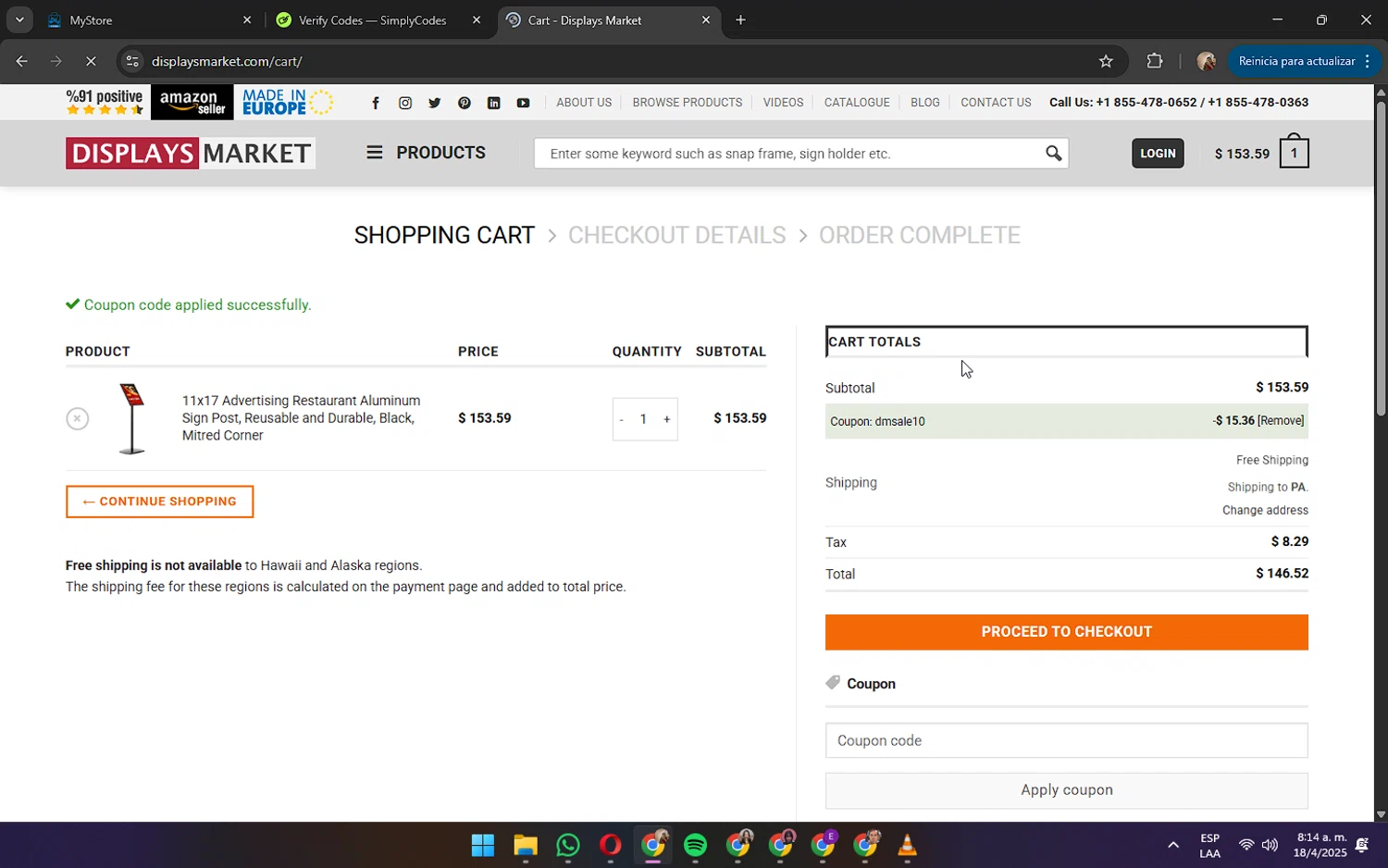 Displays Market coupon code screenshot showing code DMSALE10 applied at Displays Market checkout page. Uploaded by SimplyCodes community member JennaOrtega on Apr 18, 2025