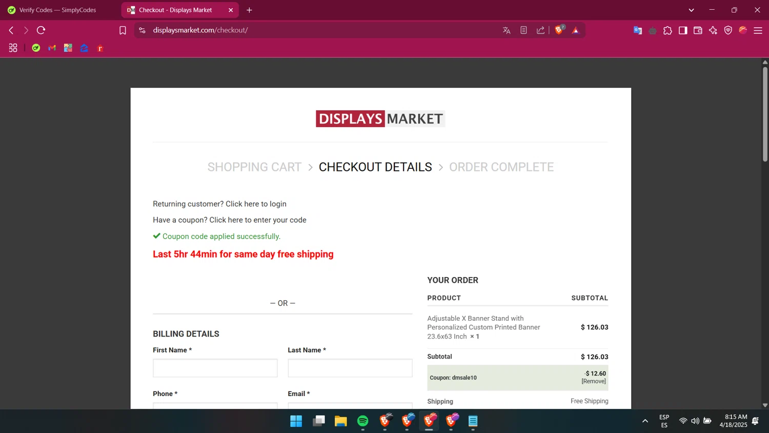 Displays Market coupon code screenshot showing code DMSALE10 applied at Displays Market checkout page. Uploaded by SimplyCodes community member itsmemario on Apr 18, 2025