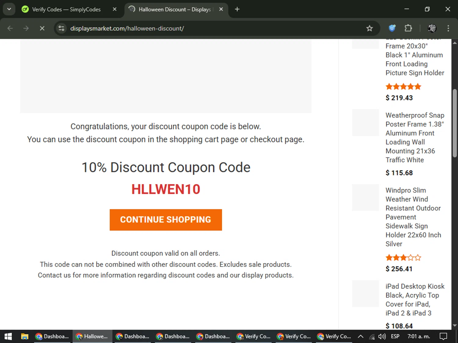Displays Market coupon code screenshot showing code hllwen10 applied at Displays Market checkout page. Uploaded by SimplyCodes community member PrimeKnight6101 on Feb 2, 2026