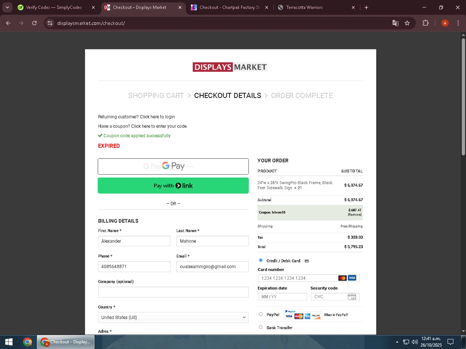 Displays Market checkout page showing Displays Market coupon code box | Screenshot taken by SimplyCodes community member on Oct 26, 2025