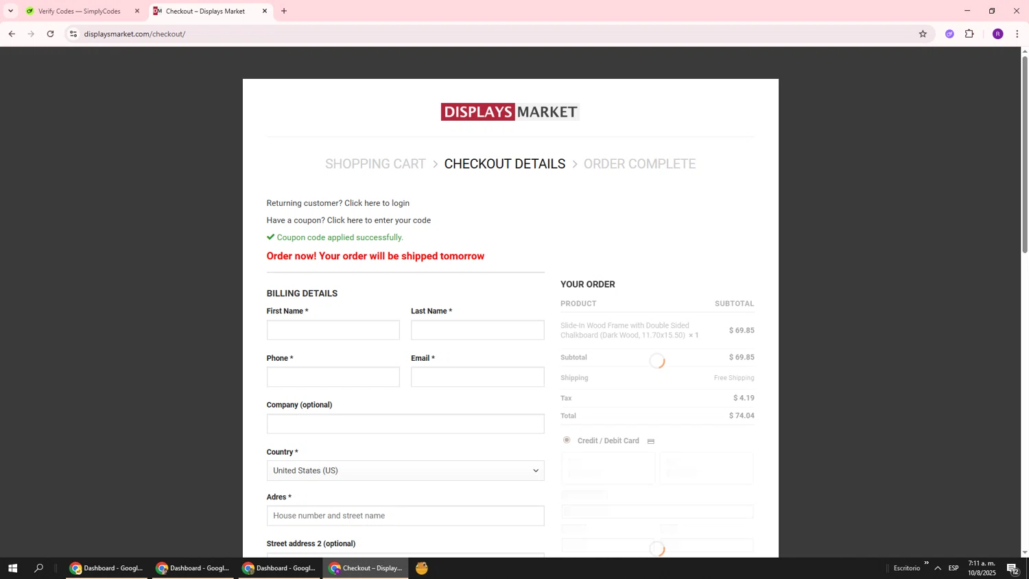 Displays Market coupon code screenshot showing code bts20 applied at Displays Market checkout page. Uploaded by SimplyCodes community member ukemochi on Aug 10, 2025