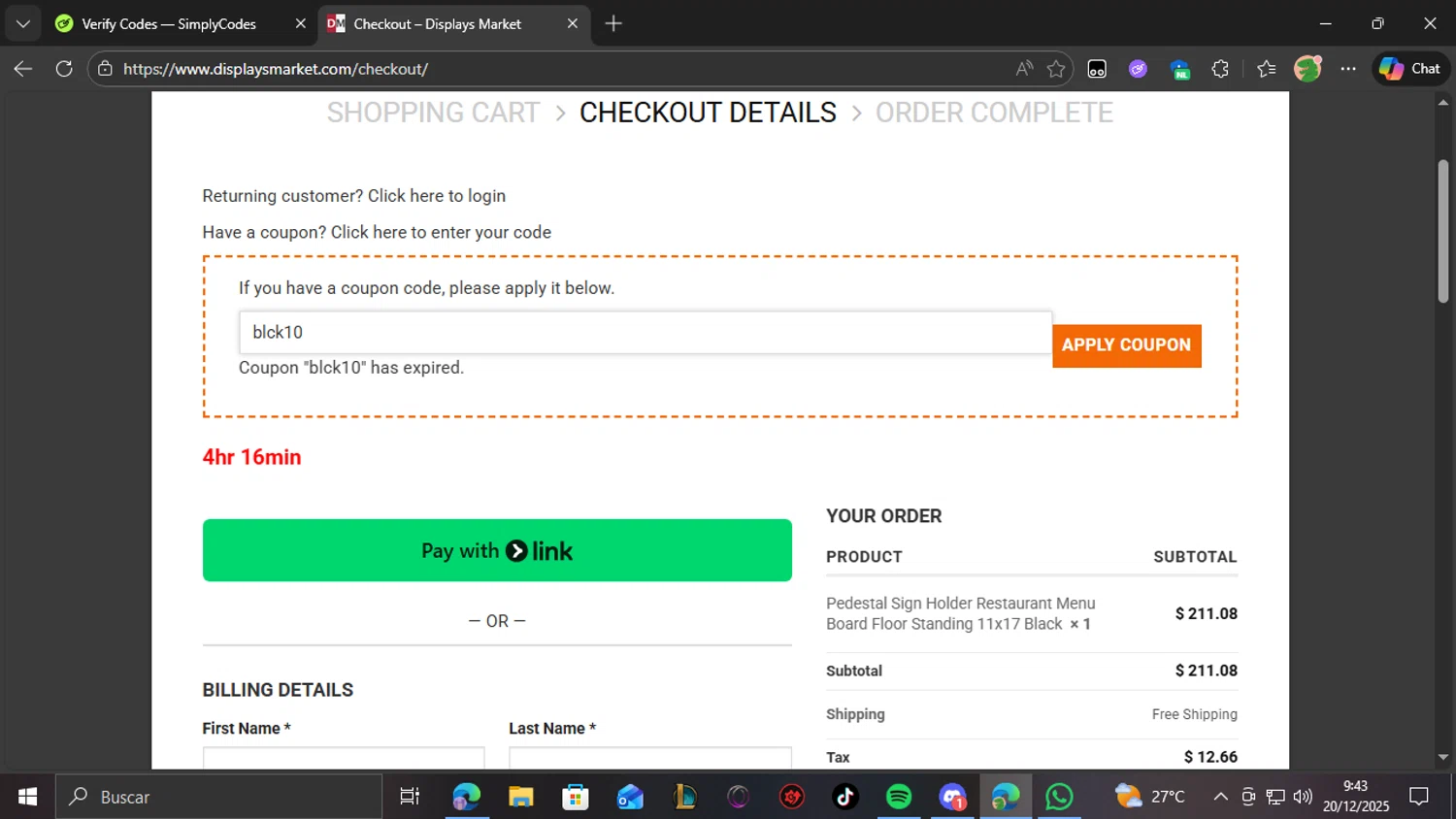 Displays Market promo code screenshot showing code blck10 applied at Displays Market checkout page. Uploaded by SimplyCodes community member pedrolol on Dec 20, 2025
