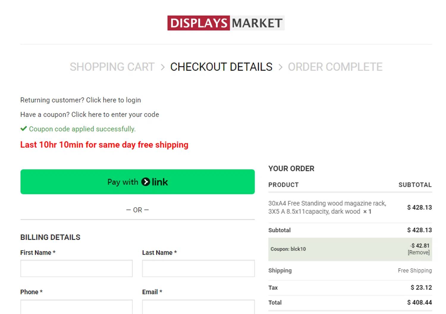 Displays Market coupon code screenshot showing code blck10 applied at Displays Market checkout page. Uploaded by SimplyCodes community member RonaldAcunaJr on Nov 21, 2025