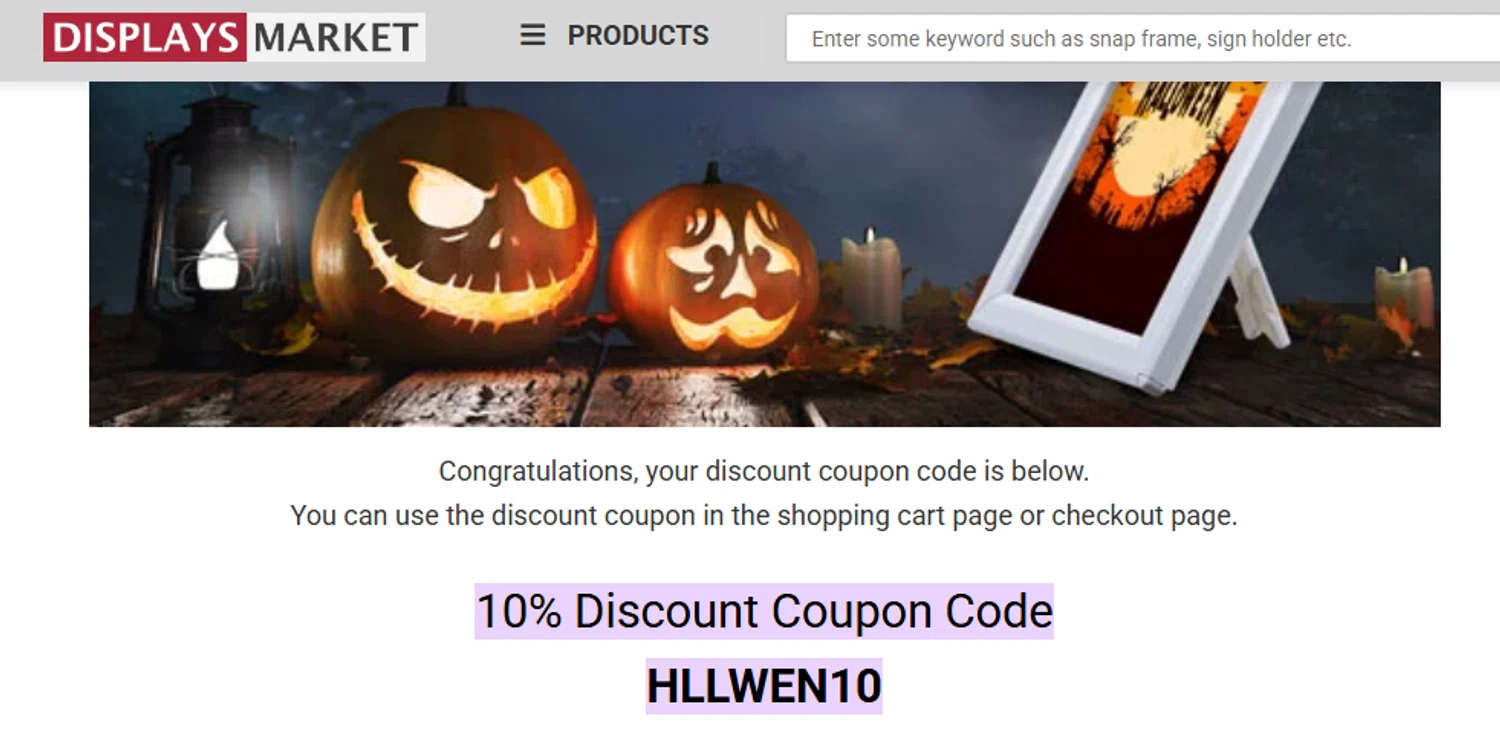 Displays Market promo code screenshot showing code HLLWEN10 applied at Displays Market checkout page. Uploaded by SimplyCodes community member PaulSkenes on Jun 17, 2026