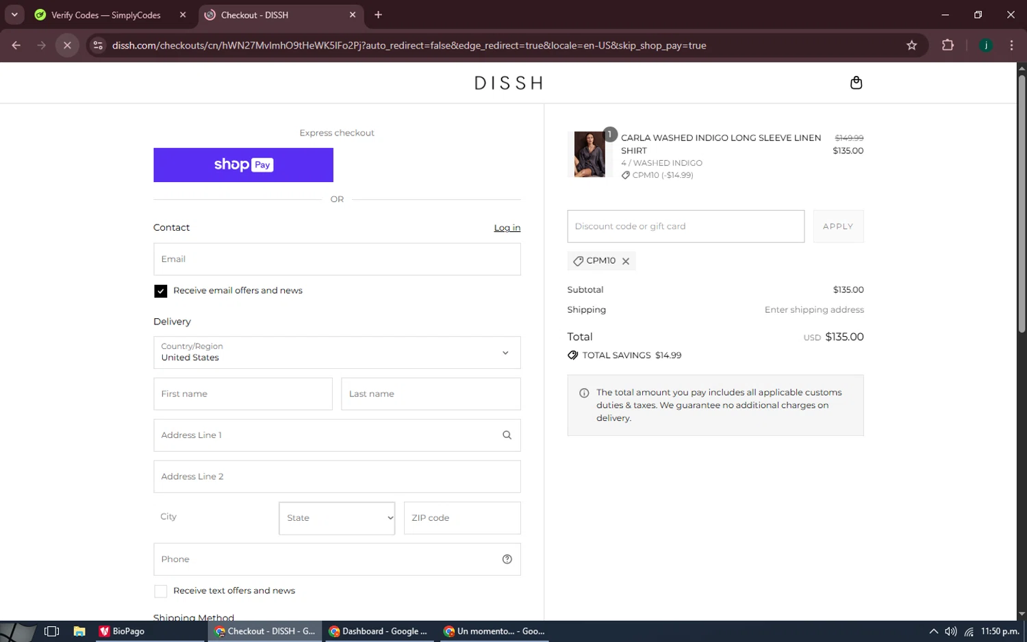 DISSH discount code screenshot showing code CPM10 applied at DISSH checkout page. Uploaded by SimplyCodes community member MoneySpotter5416 on Aug 23, 2025