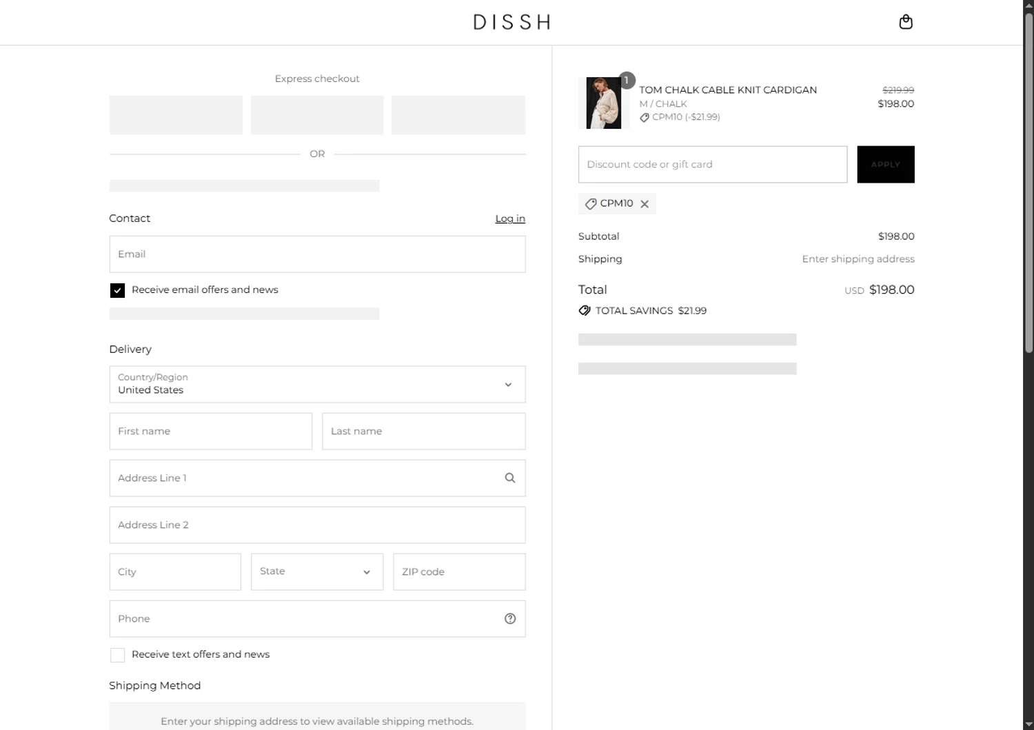 DISSH discount code screenshot showing code CPM10 applied at DISSH checkout page. Uploaded by SimplyCodes community member SalePhoenix2220 on Aug 17, 2025