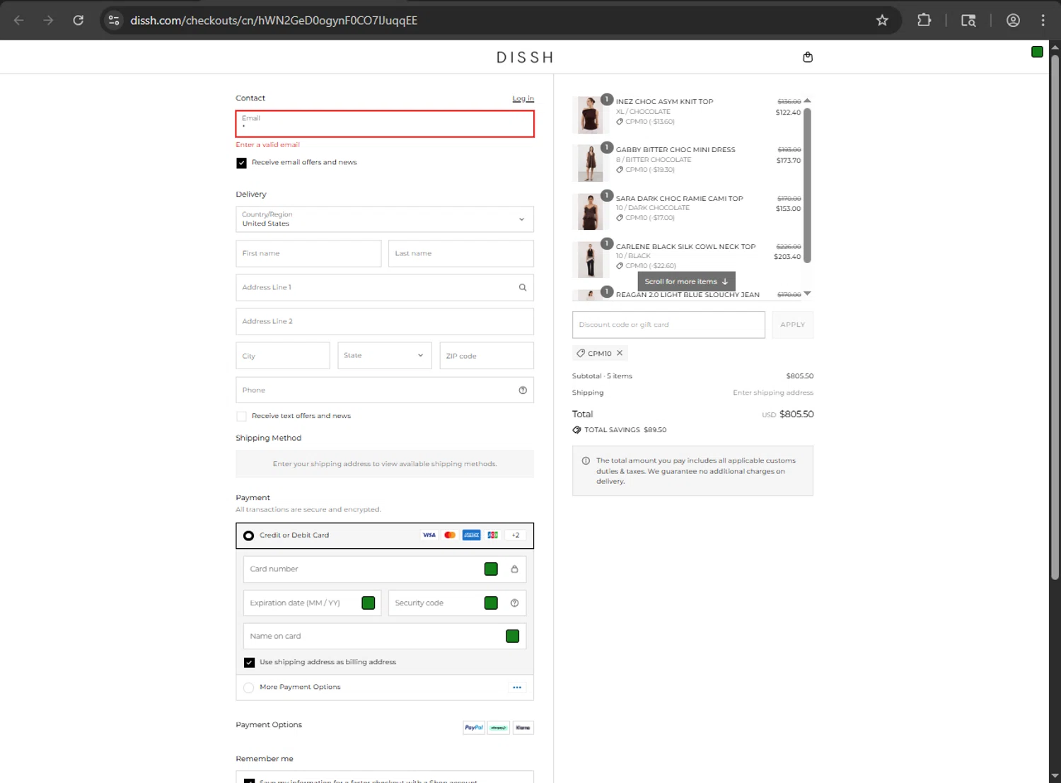 DISSH discount code screenshot showing code CPM10 applied at DISSH checkout page. Uploaded by SimplyCodes community member artritis on Aug 27, 2025