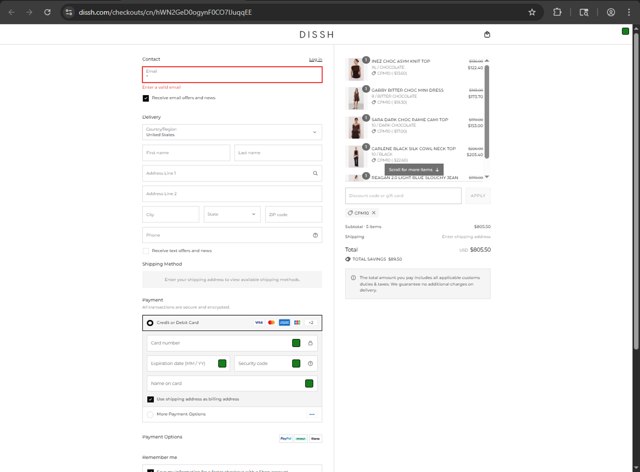 DISSH checkout page showing DISSH discount code box | Screenshot taken by SimplyCodes community member on Aug 27, 2025