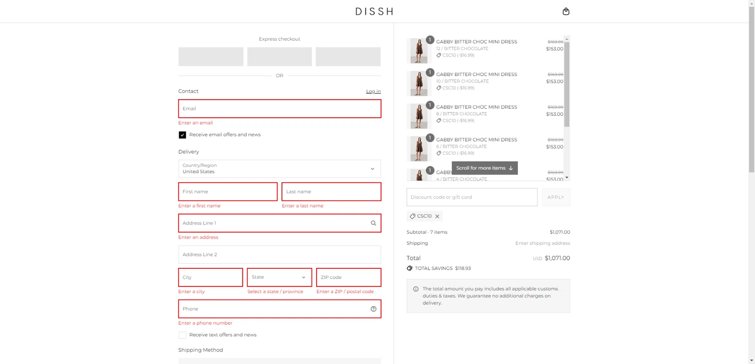 DISSH discount code screenshot showing code CSC10 applied at DISSH checkout page. Uploaded by SimplyCodes community member BrilliantRanger9984 on Aug 23, 2025