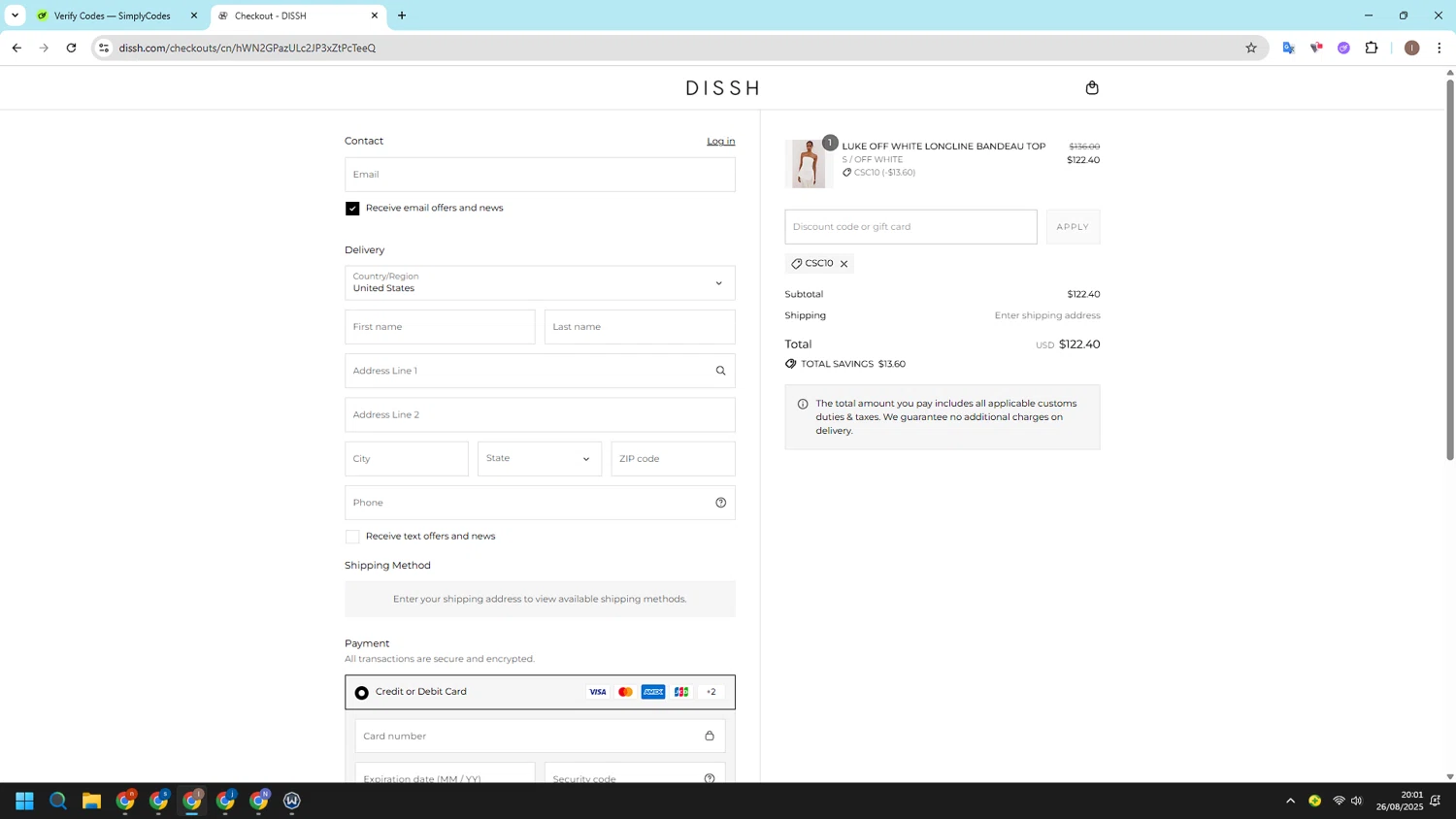 DISSH discount code screenshot showing code CSC10 applied at DISSH checkout page. Uploaded by SimplyCodes community member CashSleuth106 on Aug 27, 2025