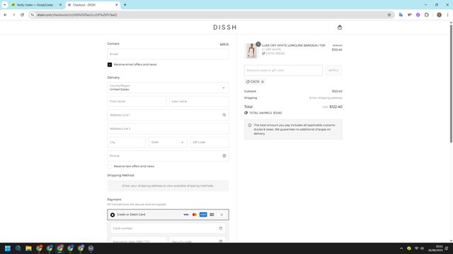 DISSH checkout page showing DISSH discount code box | Screenshot taken by SimplyCodes community member on Aug 27, 2025
