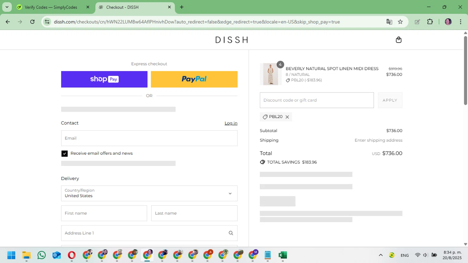 DISSH discount code screenshot showing code PBL20 applied at DISSH checkout page. Uploaded by SimplyCodes community member Mari_perez on Aug 21, 2025
