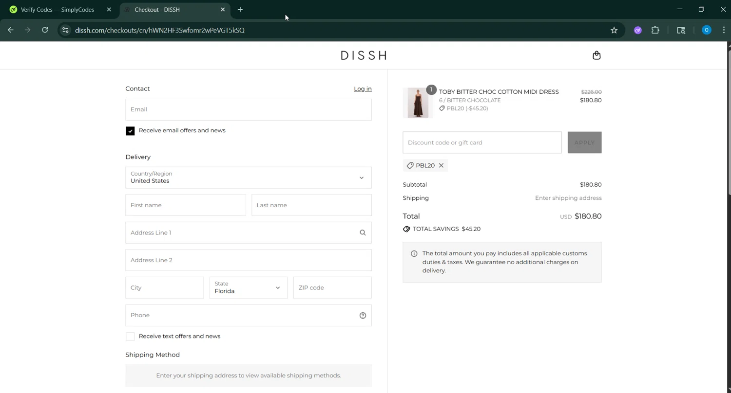 DISSH discount code screenshot showing code PBL20 applied at DISSH checkout page. Uploaded by SimplyCodes community member RoyalSage9159 on Aug 27, 2025