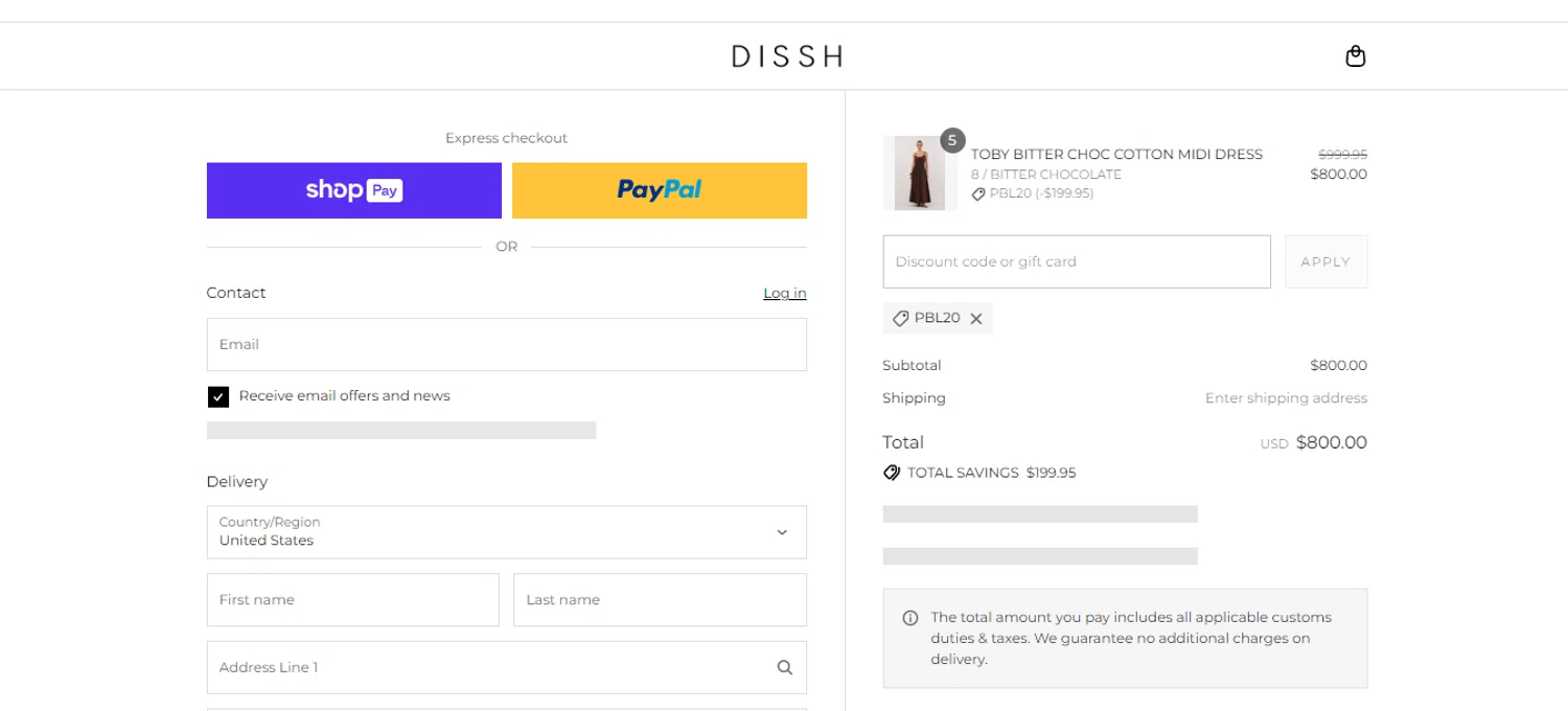 DISSH discount code screenshot showing code PBL20 applied at DISSH checkout page. Uploaded by SimplyCodes community member ichigo1234 on Aug 17, 2025