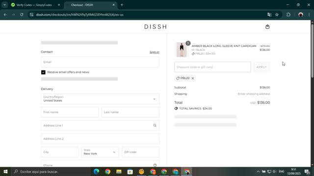 DISSH checkout page showing DISSH discount code box | Screenshot taken by SimplyCodes community member on Sep 12, 2025