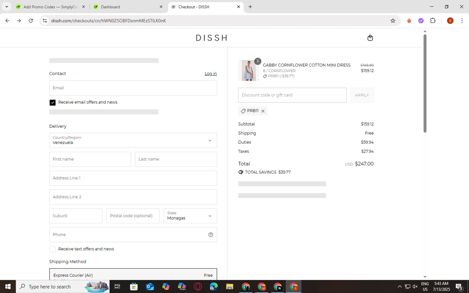 DISSH discount code screenshot showing code prb11 applied at DISSH checkout page. Uploaded by SimplyCodes community member CristianoRonaldoDosSantos on Jul 13, 2025