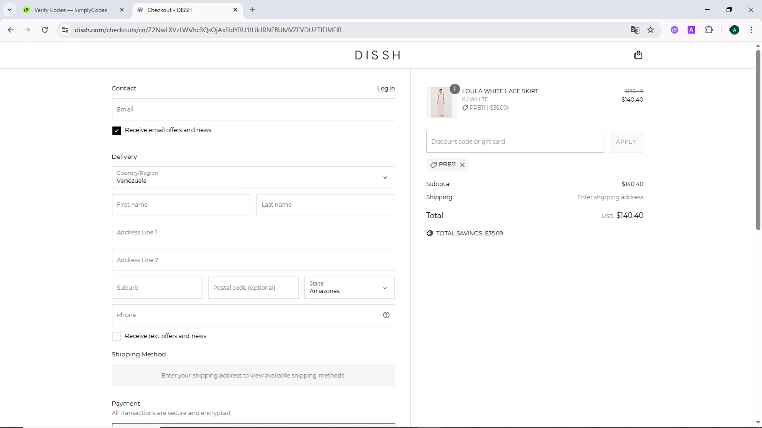 DISSH discount code screenshot showing code prb11 applied at DISSH checkout page. Uploaded by SimplyCodes community member DiscountCurator2907 on Jun 4, 2025