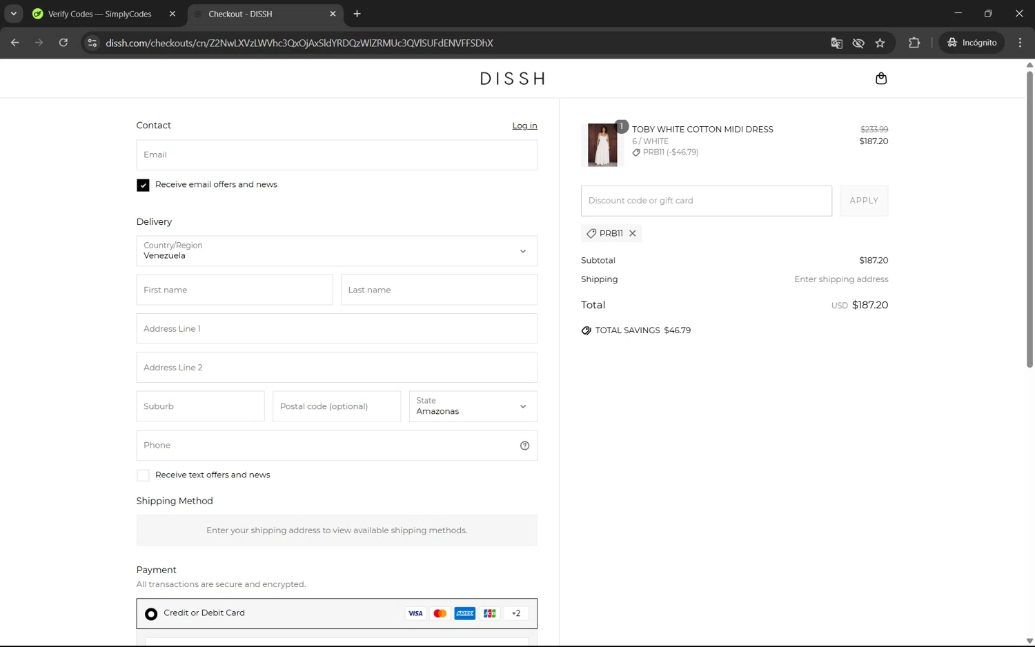 DISSH discount code screenshot showing code prb11 applied at DISSH checkout page. Uploaded by SimplyCodes community member juan1702 on Jun 4, 2025