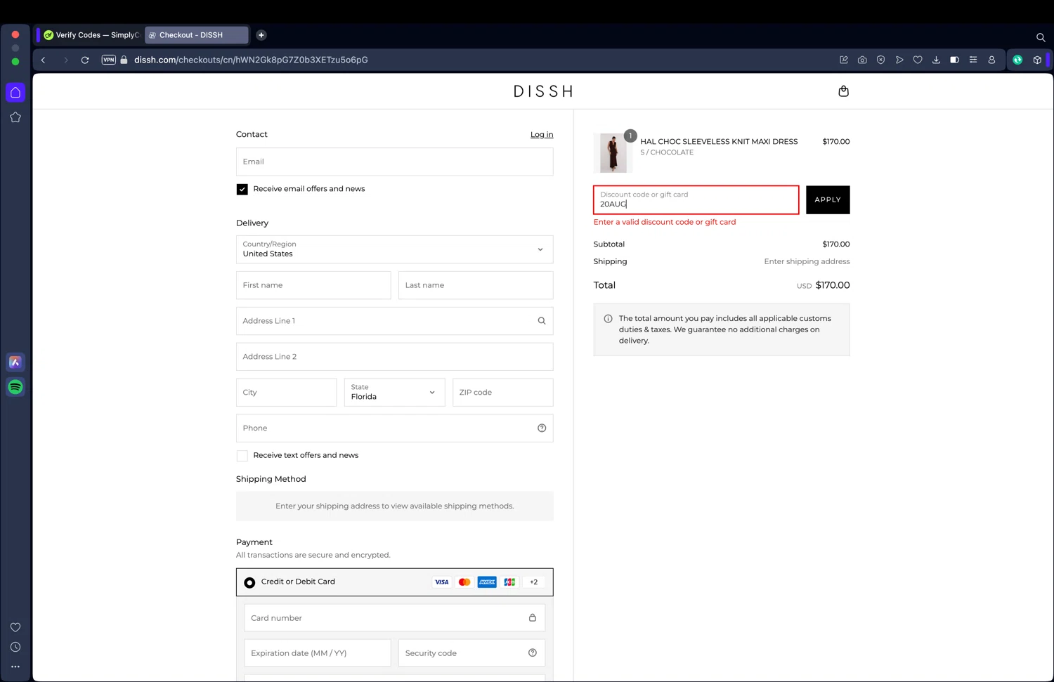 DISSH discount code screenshot showing code 20AUG applied at DISSH checkout page. Uploaded by SimplyCodes community member DiscountSleuth2229 on Aug 27, 2025