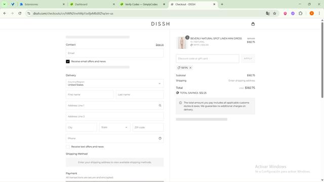 DISSH checkout page showing DISSH discount code box | Screenshot taken by SimplyCodes community member on Sep 12, 2025